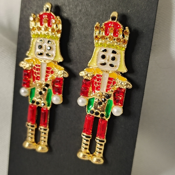 🥁Holiday Drummer Boy Stud Hanging Earrings w/Rhinestones 2.25" - Picture 2 of 5